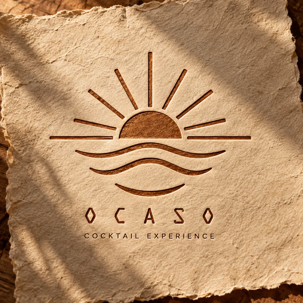 Logotipo grabado en papel artesanal: un sol que se pone sobre el agua.