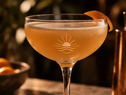 Coctel servido en copa, con el sol de la marca grabado en la espuma.