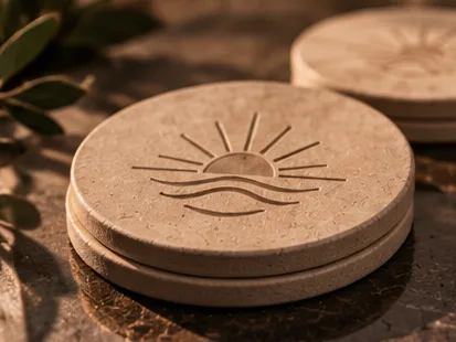 Posavasos de piedra con el logotipo grabado.
