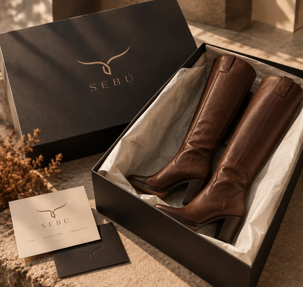 Botas de piel en su caja negra con el emblema, sobre papel de seda, con la tarjeta de la marca.