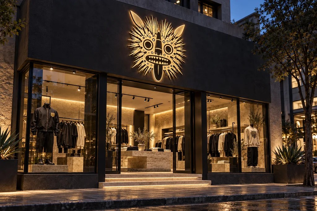 Fachada nocturna de la tienda, con la máscara iluminada sobre la entrada.
