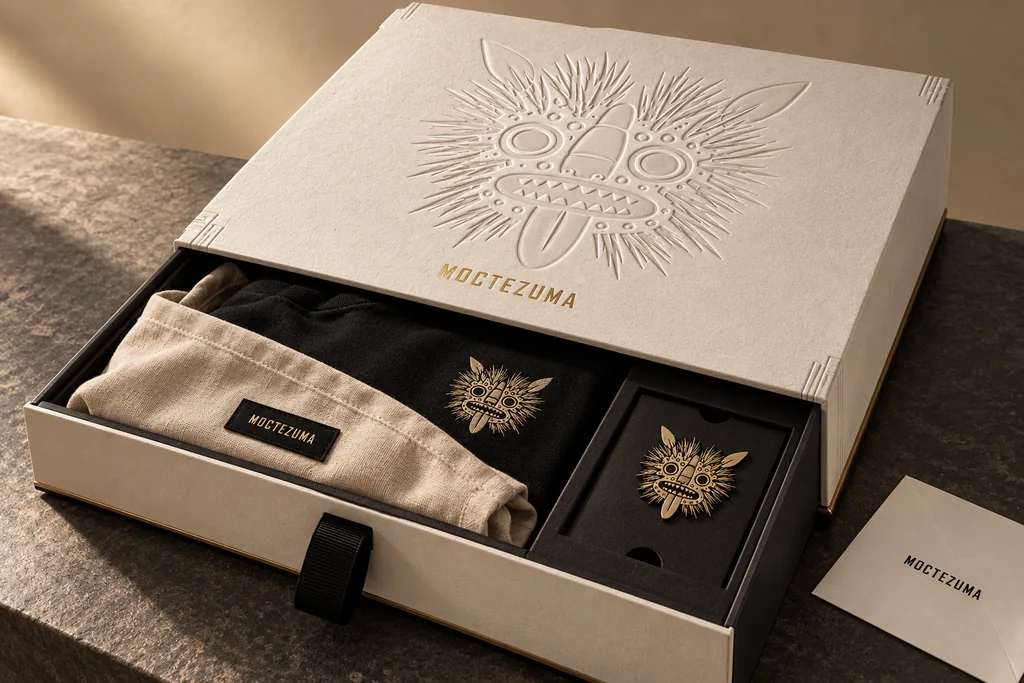 Caja de regalo con la máscara en relieve, prendas dobladas y etiquetas.